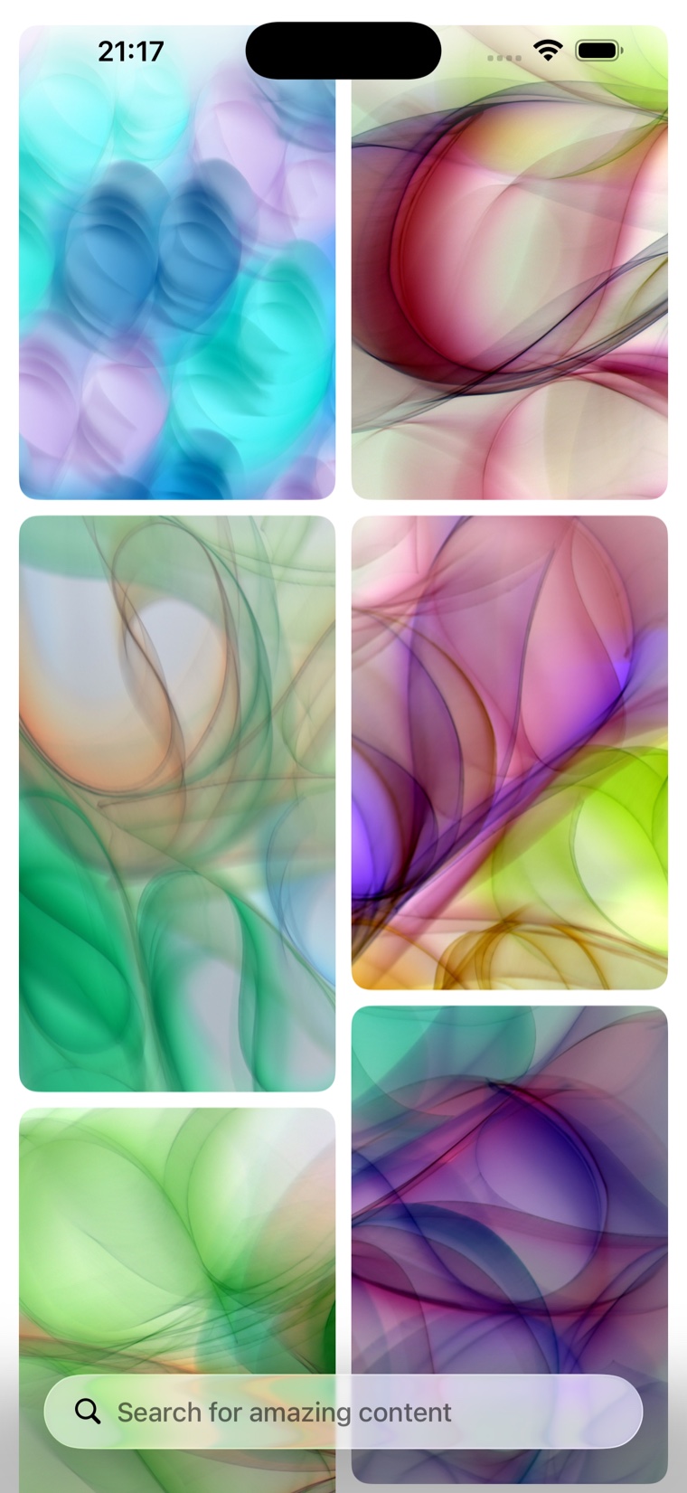 Search screen with a full-width masonry grid of wallpapers